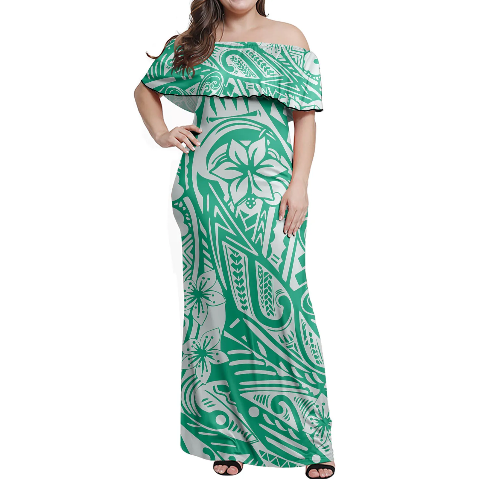 
Green Brown Polynesian Tribal Off Shoulder Dress for Women Strapless Backless Ladies Summer Party Evening Dresses Plus Size 