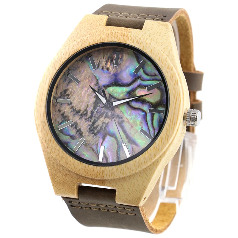 Dropshipping   eco friendly sea shell  dial  bamboo case  watch leather strap  wood watch for gifts