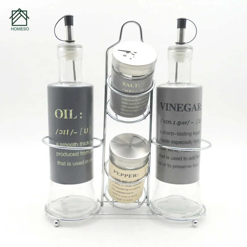 4Pcs Seasoning Stainless Steel Spice Jar Set With Metal Rack For Vinegar And Oil Kitchen Storage Glass Spice Jar rack Set