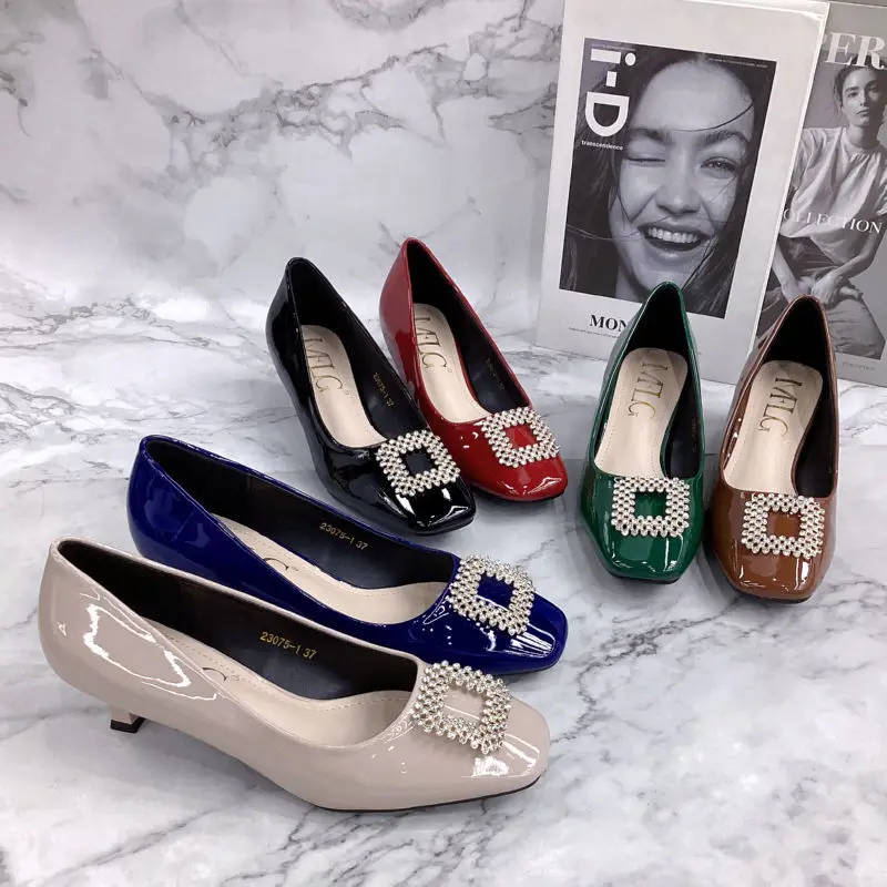 Good quality women thin heels shoes silver buckle pump women and ladies shoes 5 cm heels wholesale