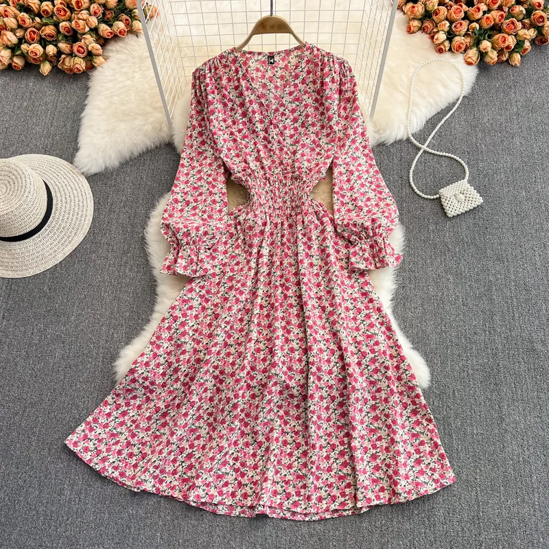 R30442S 2022 Small floral long skirt spring and summer fashion new style gentle wind waist slimming V-neck chiffon dress women