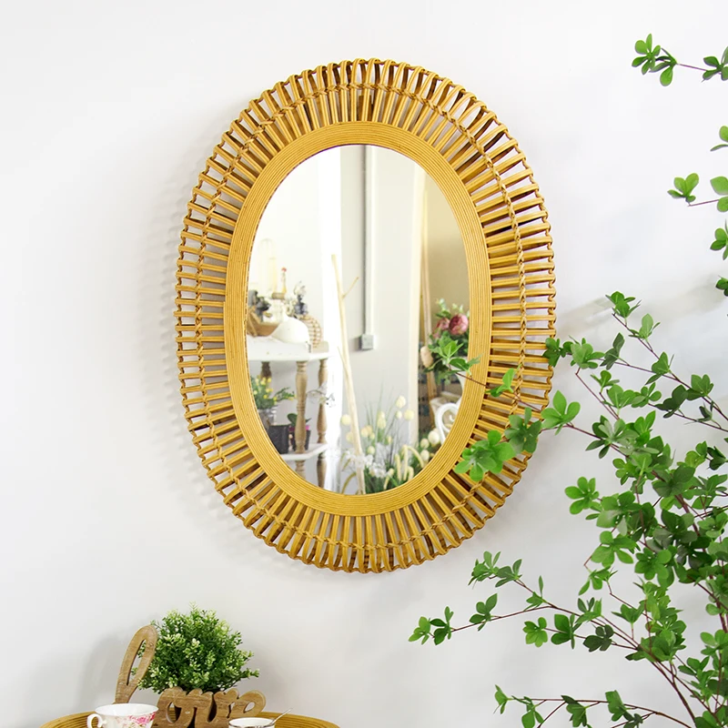 Fancy Pastoral Farmhouse Accents Decorative Oval Rattan Bamboo Frame Mirrors Decor Art Hanging Wall Mounted Mirror