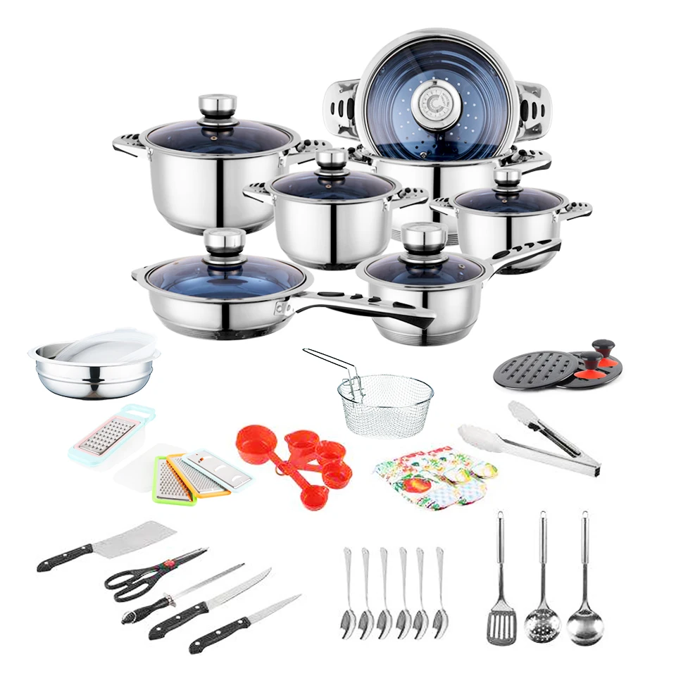 26 32 42 50 70 100 PCS Thermometer Knob Induction Stainless Steel  Cooking Pot And Pans Cookware Set With Kitchen Utensil