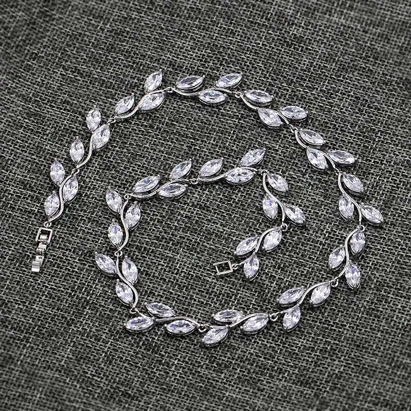 Elegant Leaf Cubic Zirconia CZ Crystal Tennis Necklace and Earring Wedding Jewelry Set for Bride or Bridesmaid