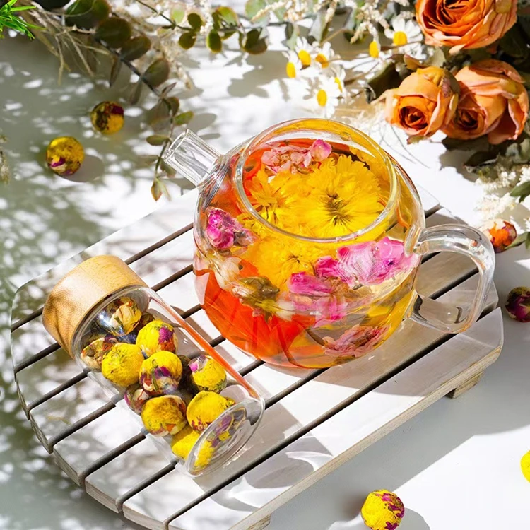 OEM Private logo 2g flower tea handmade gift glass bottle package dried mixed rose jasmine flowers lily blooming ball tea