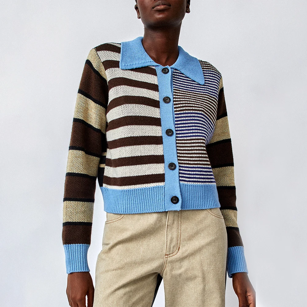 VSCOO autumn cotton Cardigan in Sky Blue custom color Stripe ladies knitted girls knit top cardigan sweater