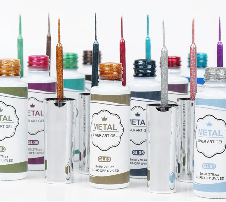 Painted Metallic nail art Gel Nail Polish Set 12 Colors Platinum Metal Liner Gel Champagne Glitter Glow in the Dark Luminous Gel