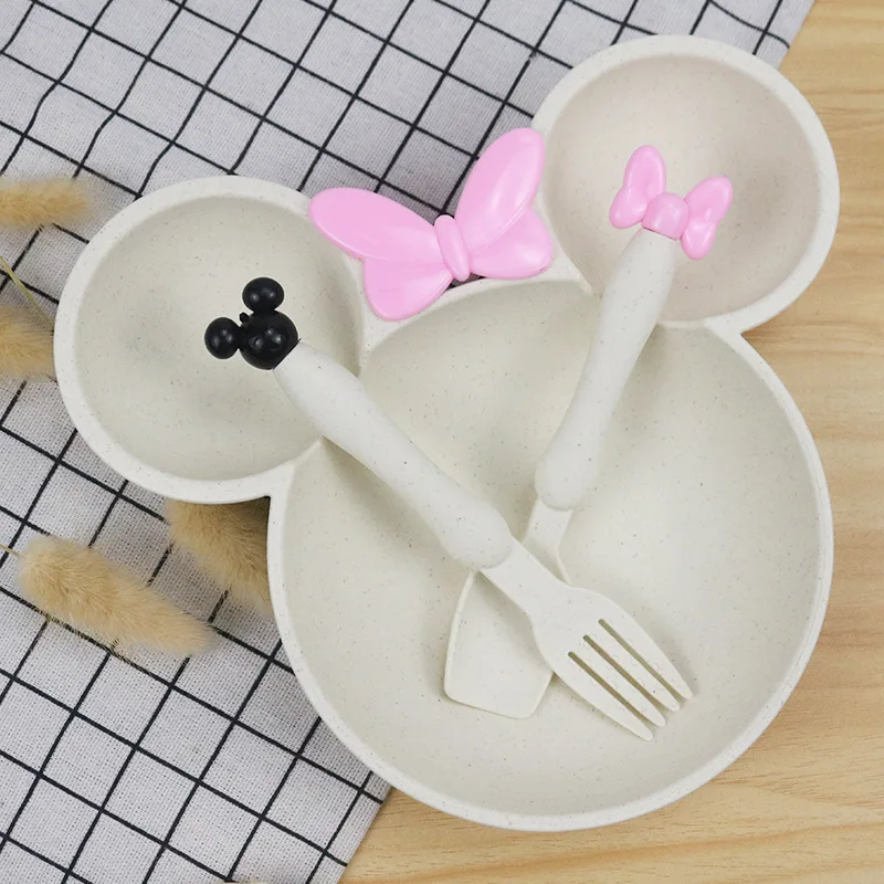 Good Quality Wheat Straw Dinner Set Baby Tableware Set With Suction Food Plate Set Cartoon Eco-Friendly Baby Spoon Fork Bowl