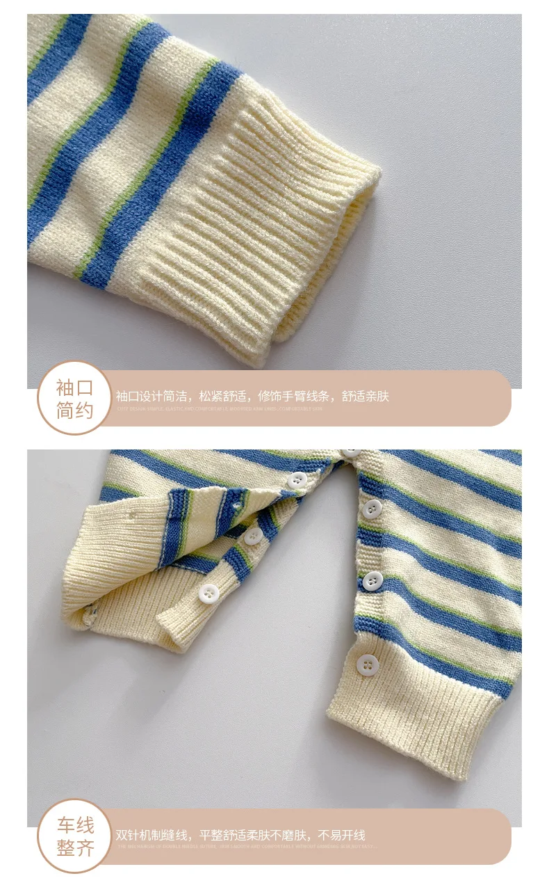 Blue Striped Knit Spring Fall Outfits Baby Long Sleeve Polo Collar Boys Knitted Sweater Jumpsuits