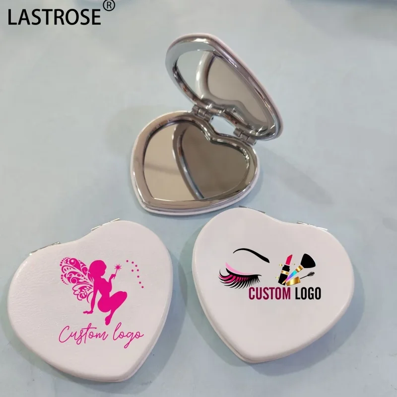 Wholesale pink heart compact mirror pu leather mini pocket makeup mirrors private label metal cosmetic mirror
