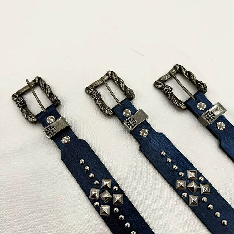 Studded Belt New double nail cross cowhide punk distressed belt