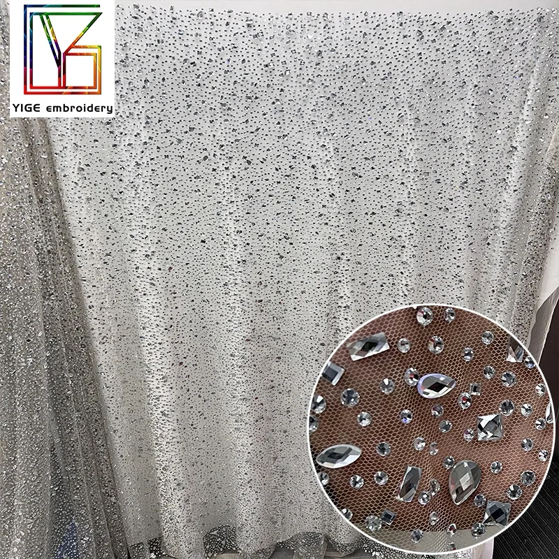 luxury crystal stones beaded fabric for wedding dress high quality swarovski rhinestone lace fabric white crystal lace fabric