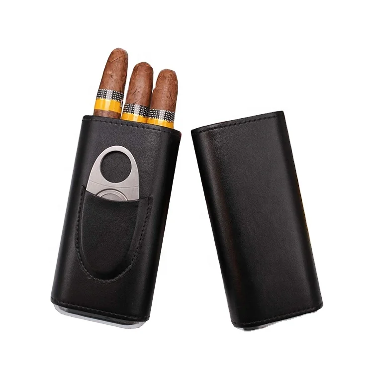Wholesale Silver Stainless Steel Cutter Contained Leather Cigar case