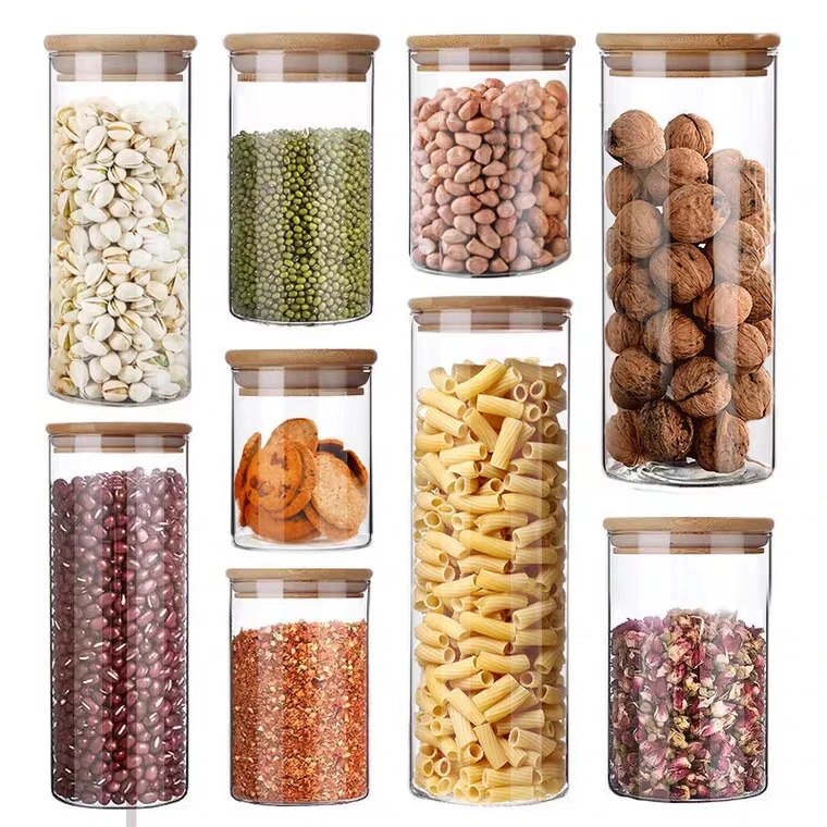 Cylinder Cereal Container with Sealing Airtight Canisters for Bulk Measurement markings Glass Cookies Jar with Bamboo Lid