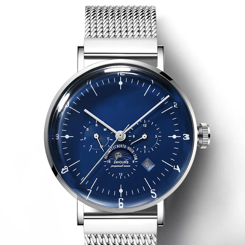 Fashion stainless steel 316l case complete calendar moon phase men mechanical watch