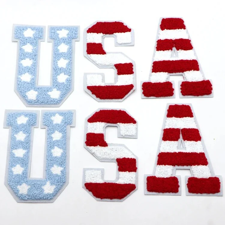 Wholesale usa letter sequin iron on patches custom usa flag chenille sequin embroidery patch For Clothes hats