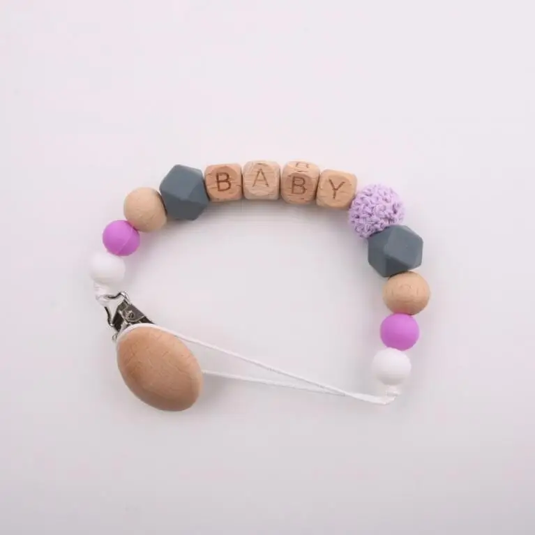 Silicone beech wood new baby teething relief pacifer holder clip toy