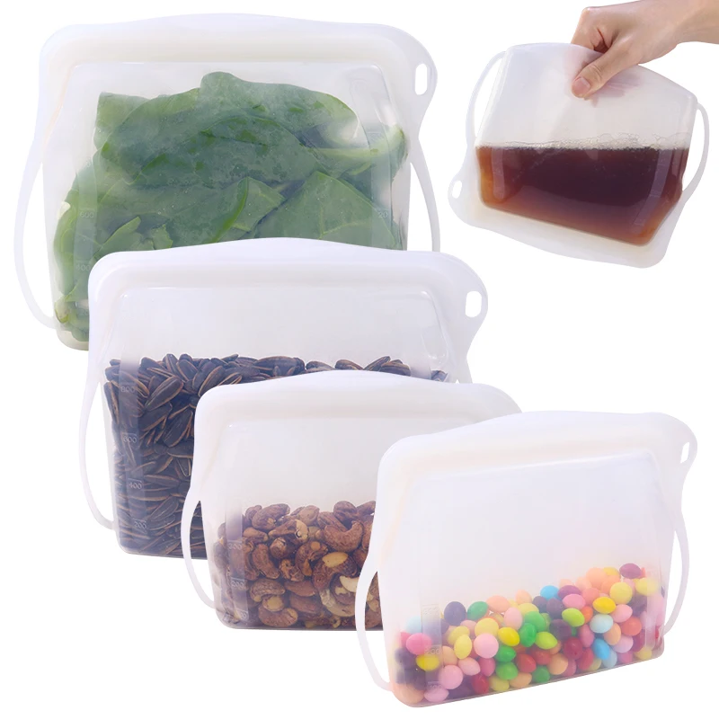 Eco Friendly Vegetable Fresh-keeping Bag 500ml 1000ml Leakproof Silicone Reusable Stand Up Food Storage Sealable Bags Zipper Bag