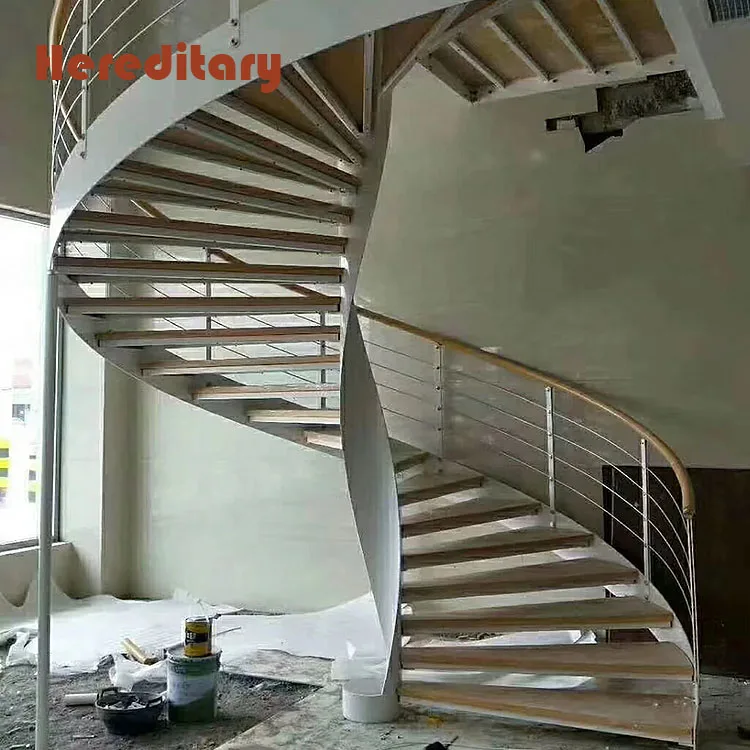 Prefabricated residential steel spiral stairs with thick wood stair treads