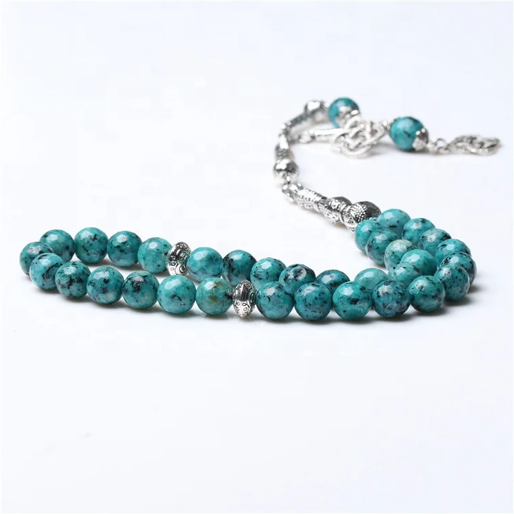 Natural Blue Stone Silver Tassel Allah Tasbeeh Muslim Prayer Beads Sibha Masbaha Rosary