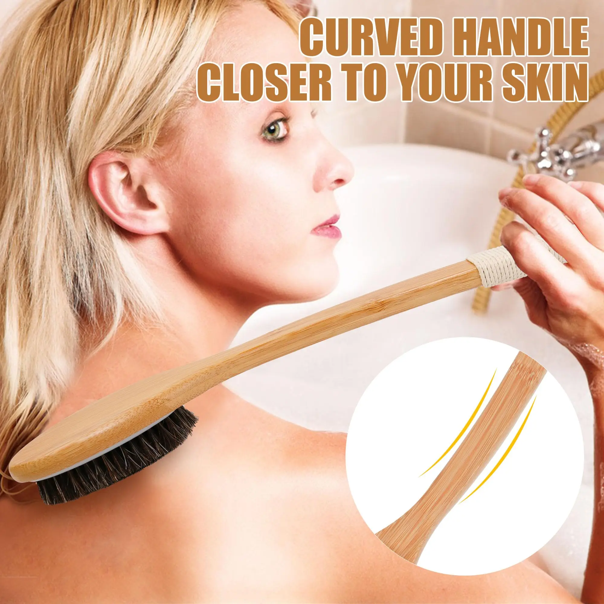 Wholesale Long bamboo curved handle horse hair raw bristle bath brush