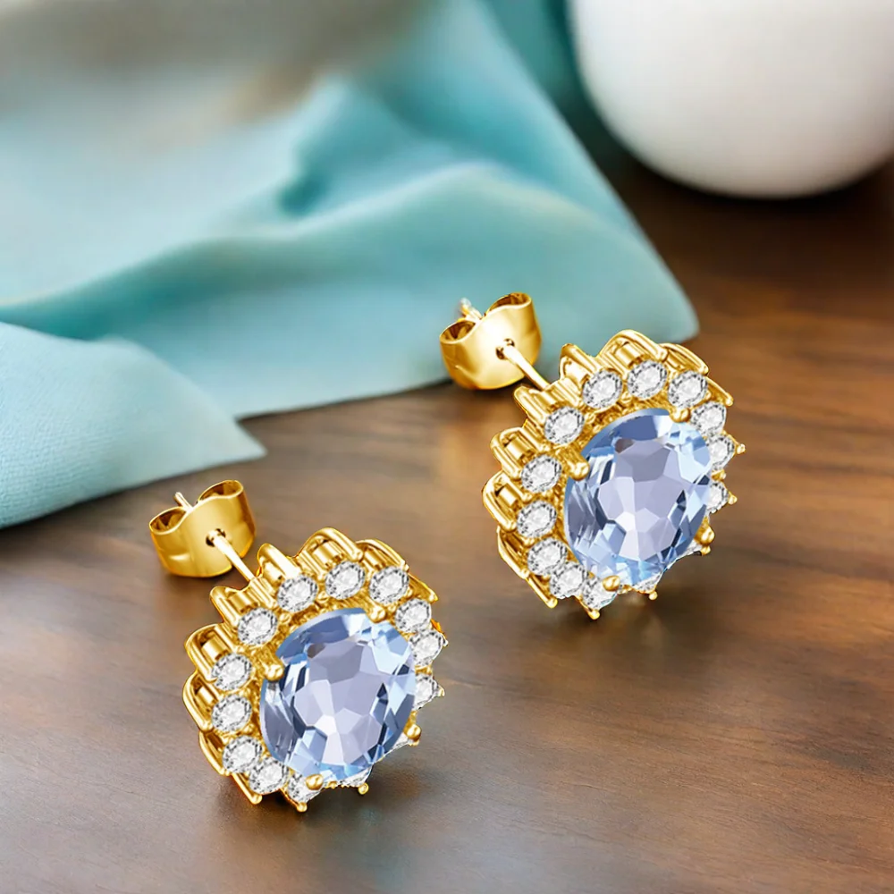 Luxury Cocktail Party Sunflower Design bijoux Oval Aquamarine Sterling Silver 14k gold plated silver stud earrings for women