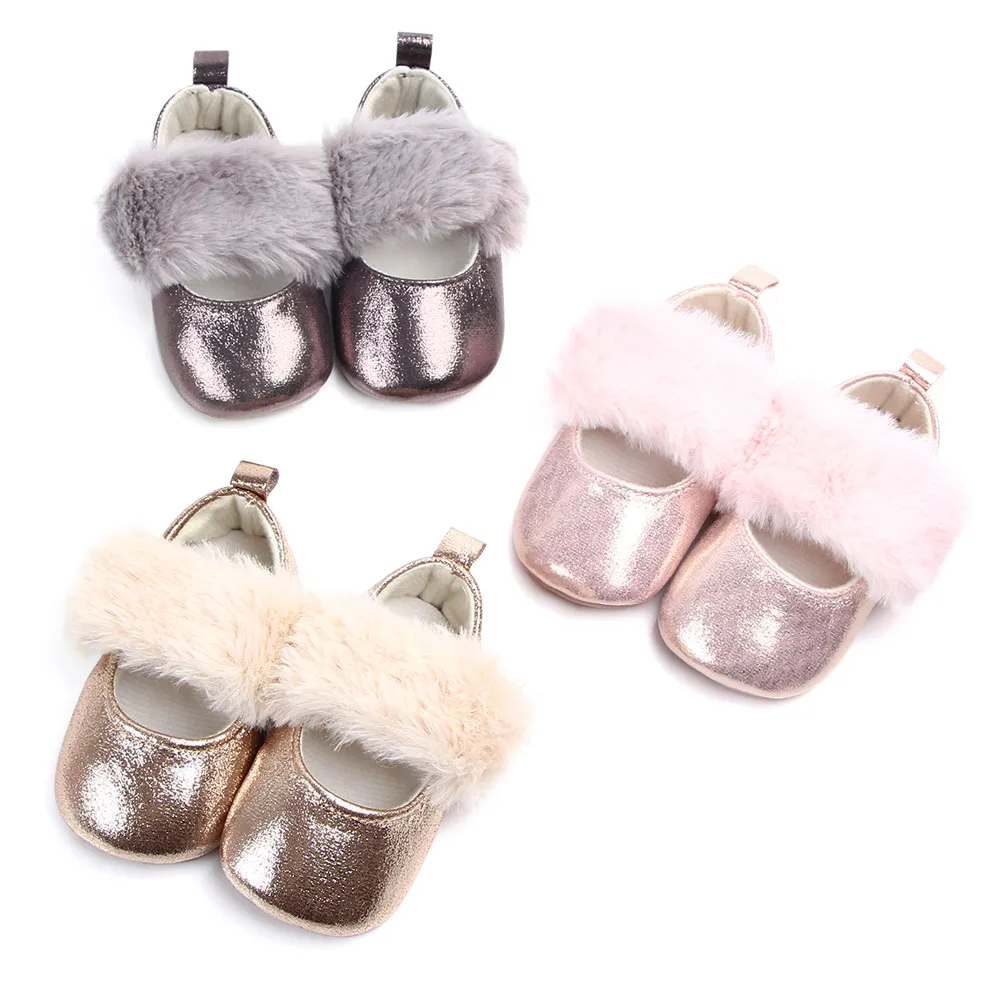 China Factory PU Leather upper shining cute plush girl princess infant baby shoes