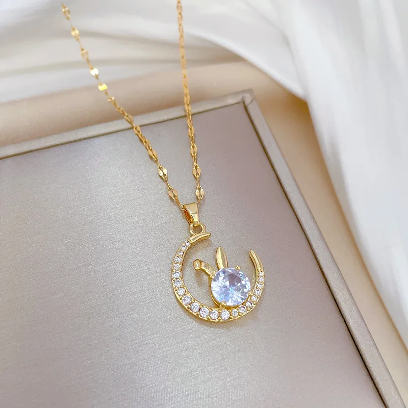Sparkling Zircon Moon and Rabbit Pendant Necklace Gold Plated Stainless Steel Zircon Cz Pendant Necklace Gifts Women Jewelry