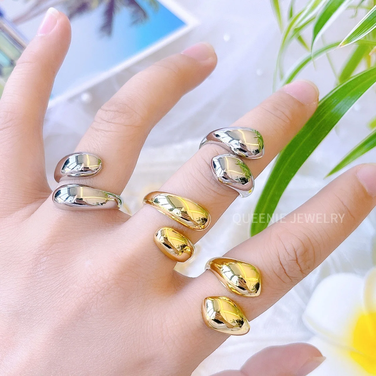 Water Drop Glossy Female Smart Ring 18K Gold Plated Waterdrop Chunky Adjustable Women Rings Fashion Jewelry