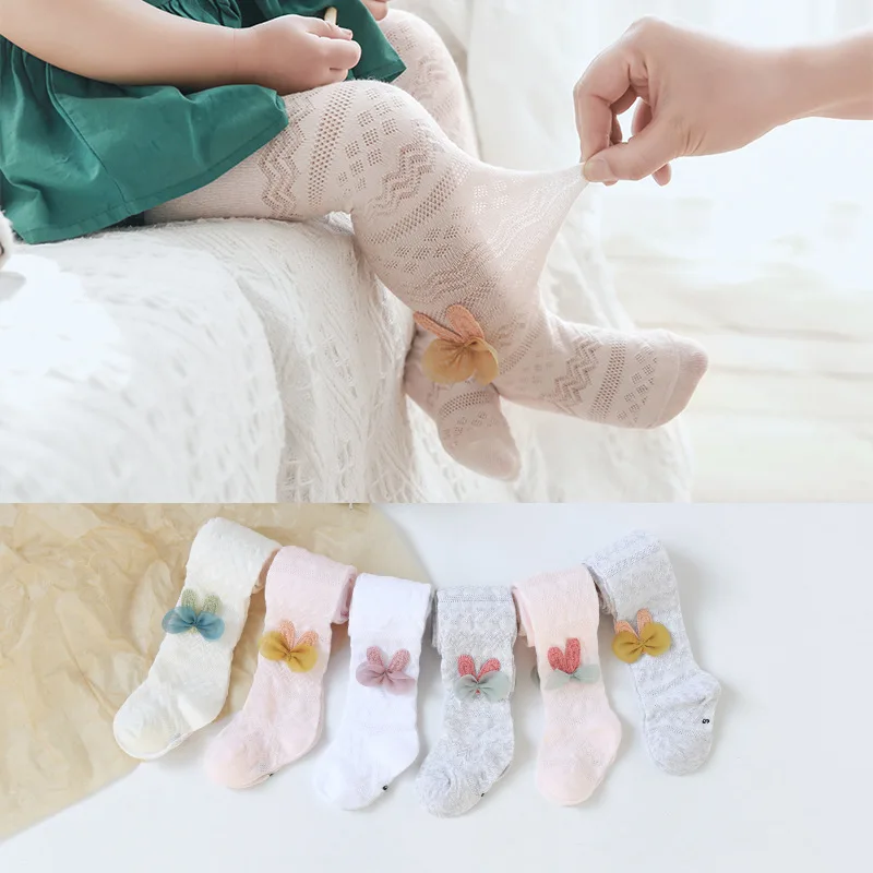 Wholesale baby girl summer design breathable comfortable tights pantyhose bows knitted organic cotton socks tights