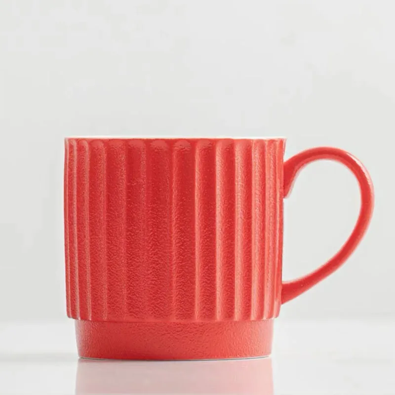 9oz Wholesale Nordic Matte Frosted Color Ceramic Embossed Milk Tea Espresso Latte Coffee Striped Mug Cup Gift Box Solid Colors