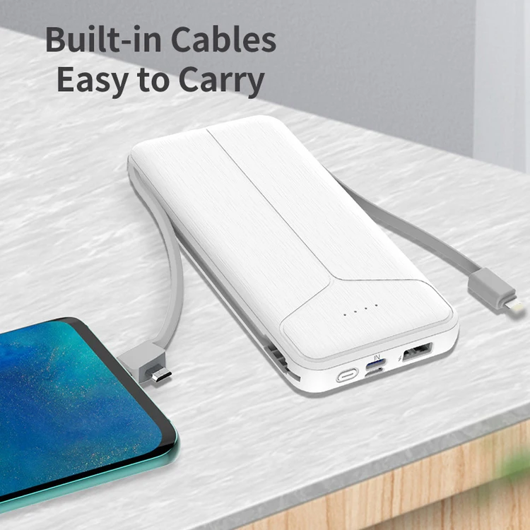 Portable Slim 10000mAh Charger Built-in Charging Cables External Battery Power Bank With AC Wall Plug