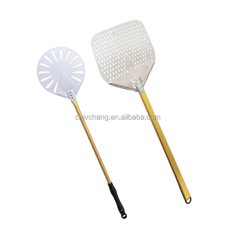 Professional Anodized Aluminum Round Turning Pizza Peel Shovel Perforated Golden Colorful Handle Pizza Oven Baking Tools