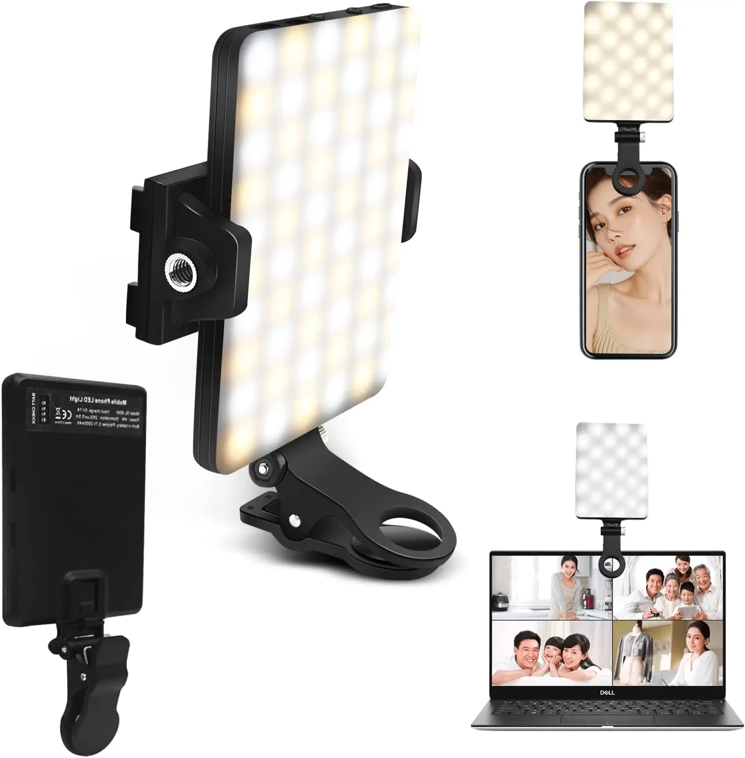 Front & Back Clip Adjusted 3 Light Modes for Phone 60 LED High Power Rechargeable Clip Fill LED Video Light