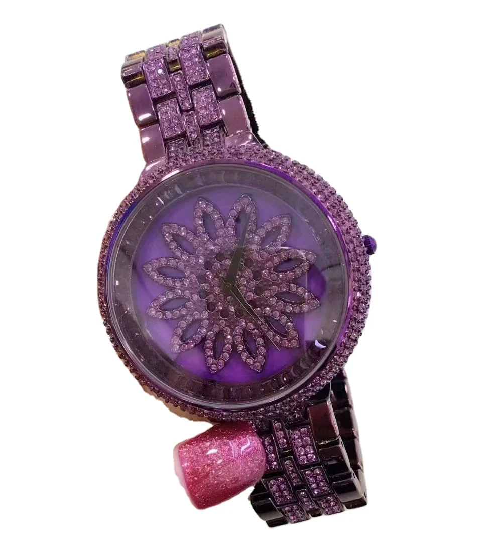 Quartz Watch Diamond Jewel  Women Watches Stainless Steel Clock Dial Rotates Purple Silver