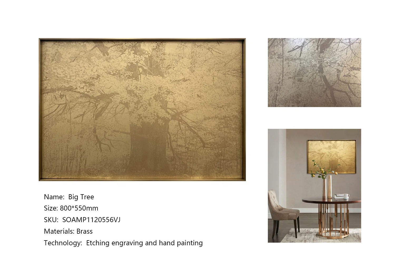 Factory Custom Gold Landscape Big Tree Brass 3D Copperplate Etching for Hotel Decor