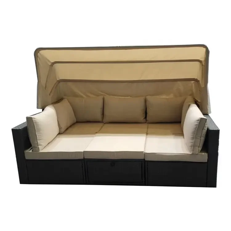4PCS Garden Furniture Outdoor Rattan Sofa with Canopy Out door Sun Lounger Beach SunBed Rattan Daybed