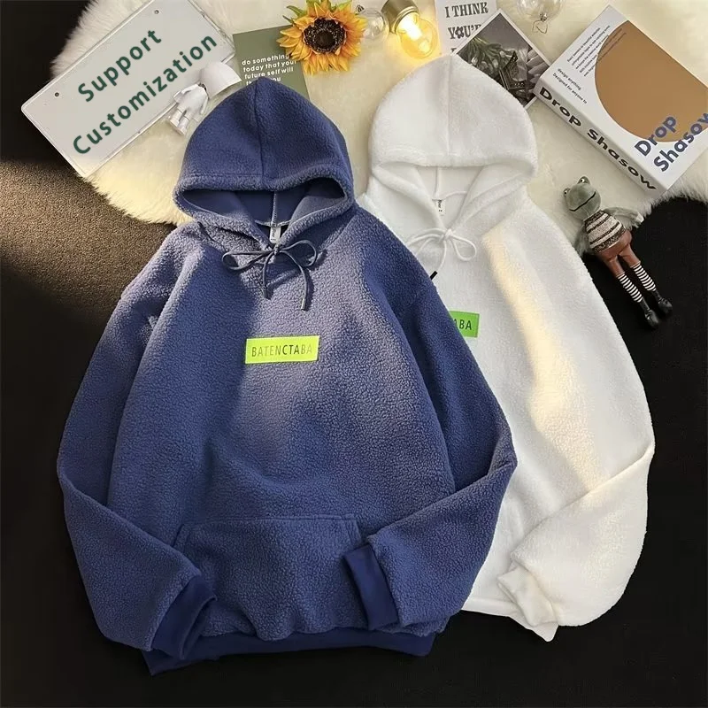 Winter Wool Plush Thickened Cashmere Corded Men Hooded Sweatshirt Customized Warm Windproof Lamb Fleece Hoodie For Men