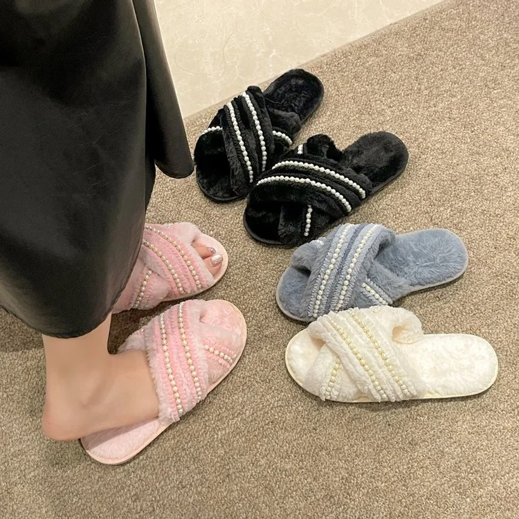 Fluffy Comfortable Slip Resistant Home Slippers Fur Cross With Pearl Decoration Open Toe Slippers Indoor