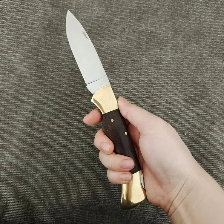 Classic Folding Hunter Knife with Brass Bolsters and Dark Wood Handle for Outdoor Hunting & Camping