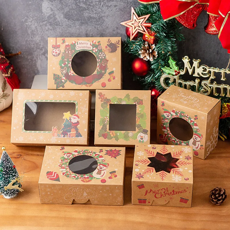 Hot Sale Custom Square Brown White Kraft Paper Christmas Cookie Gift Boxes Small Doughnut Bakery Packaging Boxes With Window