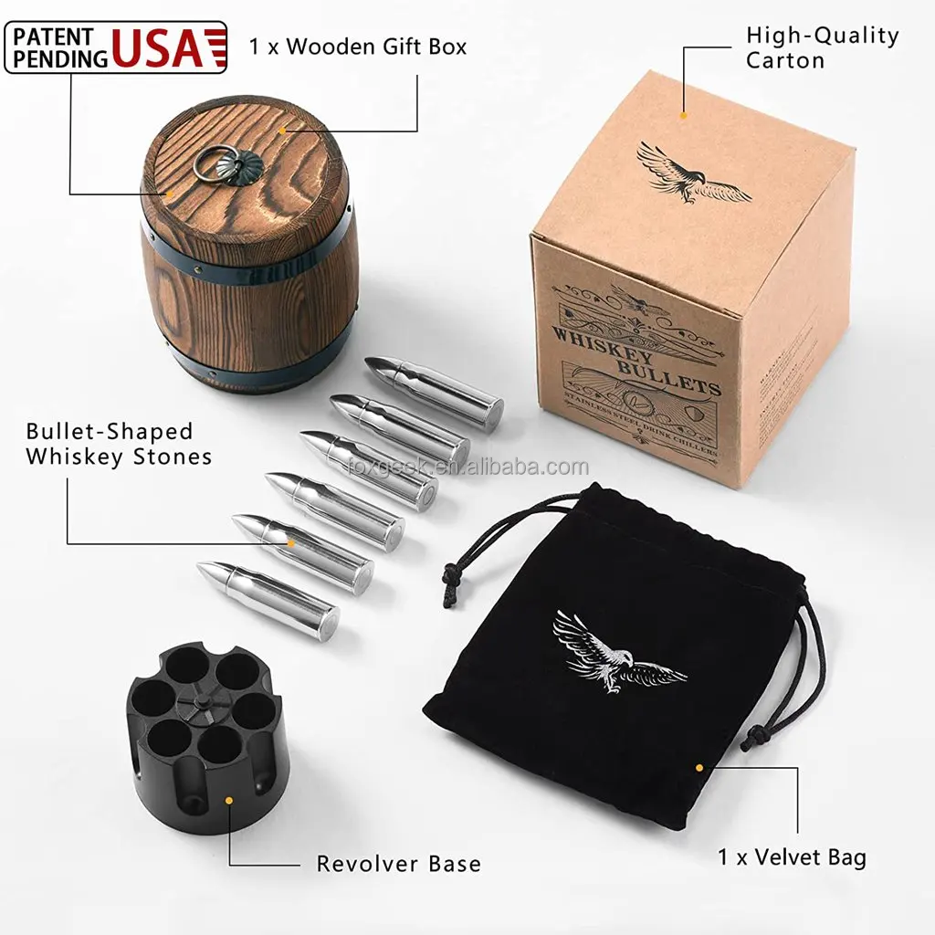 Whiskey Stones Bullet Set of 6 Ice Cubes in Whiskey Barrel  304 Stainless Steel Chilling Stone Laser Engraving Factory