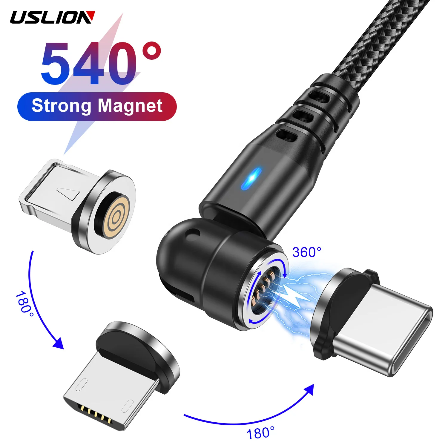USLION Magnetic 3 in 1 USB Cable 540 Rotate Type C Fast Charging Magnetic USB Cable Data Cables Micro USB Phone Accessories