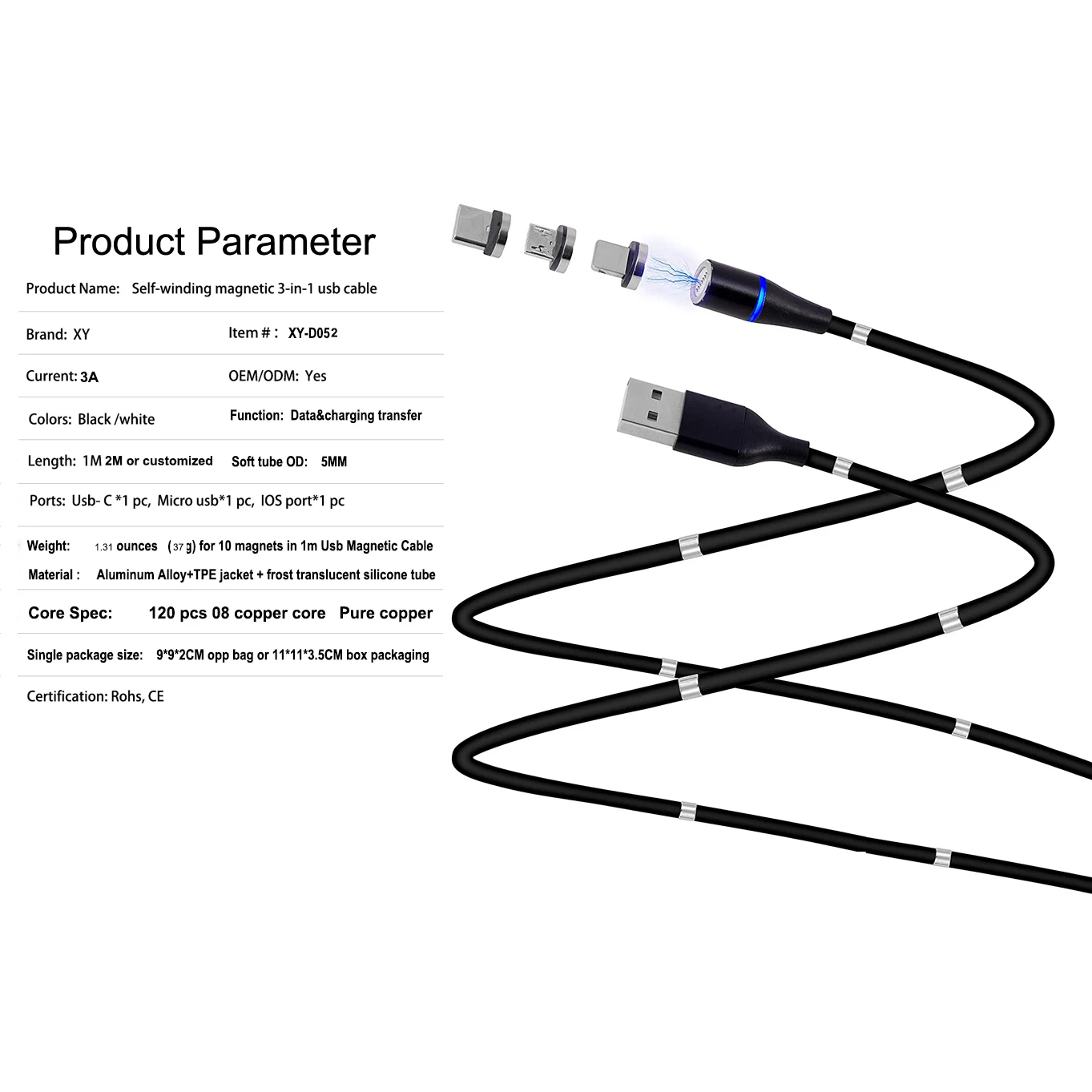 USB Charging Cord Self-winding Coiled 360 3A Charger 3 In 1 Magnetic Usb cable