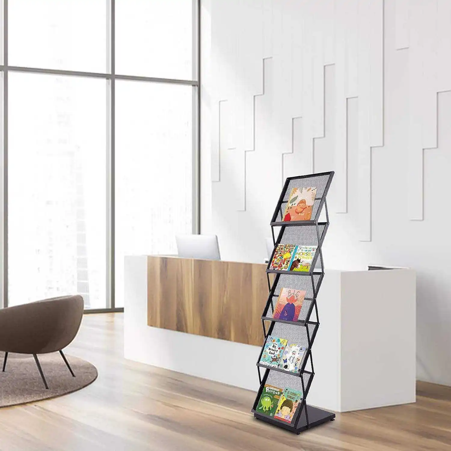 5 Tier Foldable BookShelf Retail Display Stand  Free-Standing Newspaper Information Organizer Storage Rack Holder
