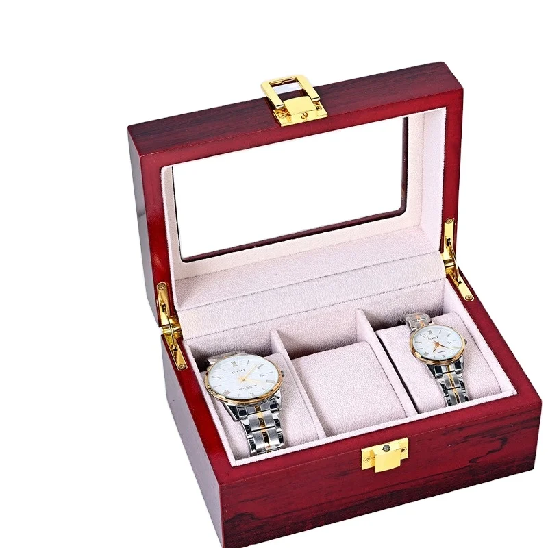 3 Slots Glossy Mahogany Lacquer Solid Wood Watch Bracelet Packaging Storage Box With Glass Lid