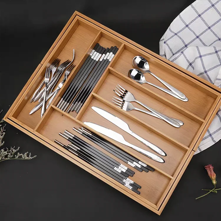 K & B Kitchen Adjustable Expandable Bamboo Cutlery Tray Drawer Organizer