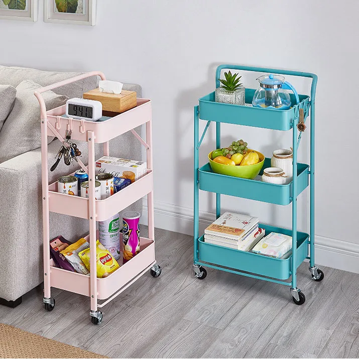Practical 3 Layers with Wheel Metal Color Storage Rack Hotel Room Service Trolley Household Bathroom Kitchen Trolley