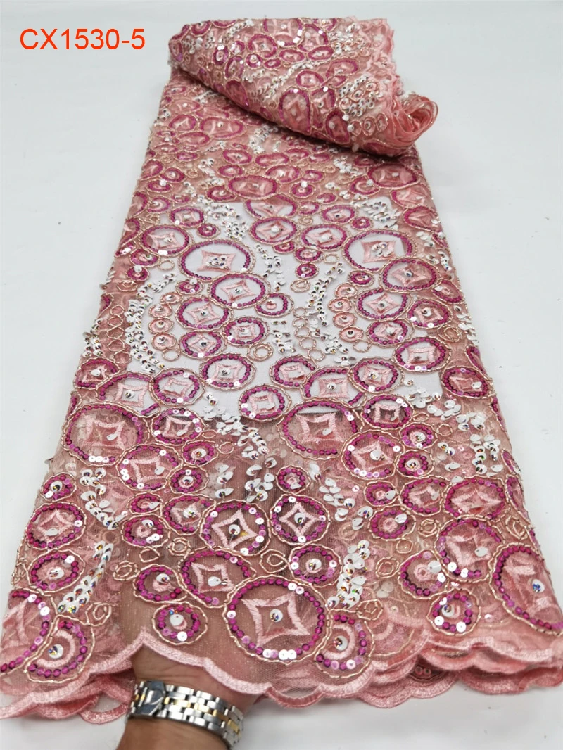 2024 China Wholesale Price Sequin Lace Fabric Embroidery Big Sunflower Sequin Beaded Fabric African Fabrics