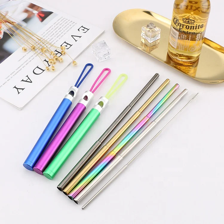 Hot sale stainless steel telescopic straw creative scratch resistant metal straw set color portable folding eco drinking straws